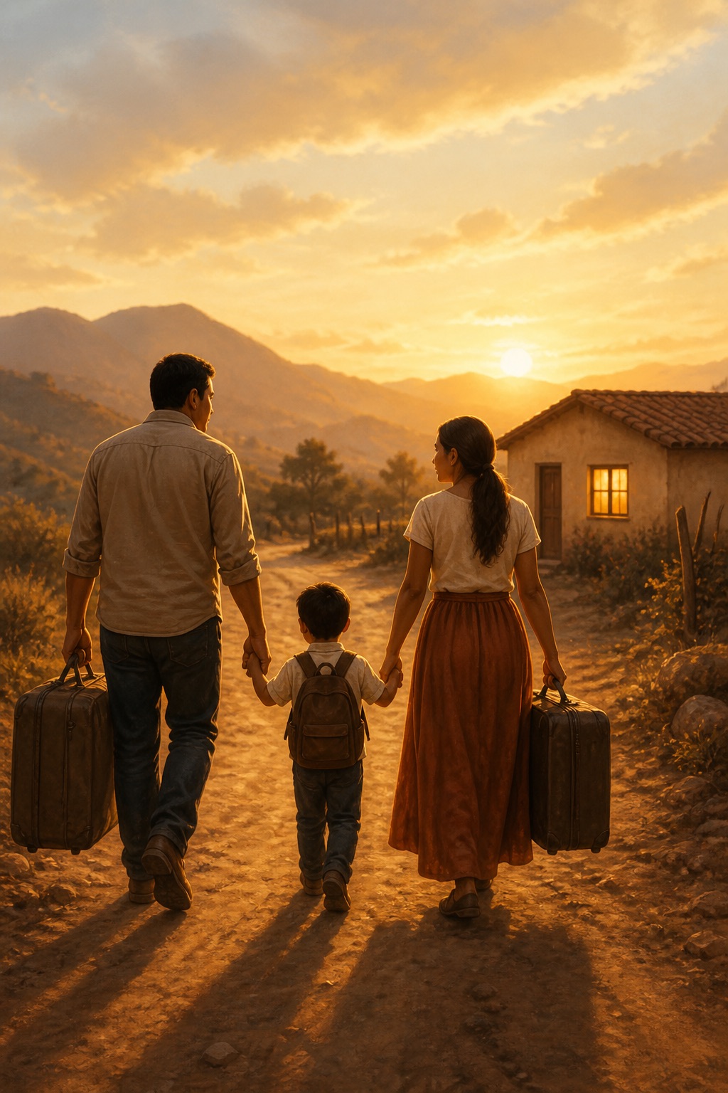 Familia caminando de la mano con maletas, buscando un hogar